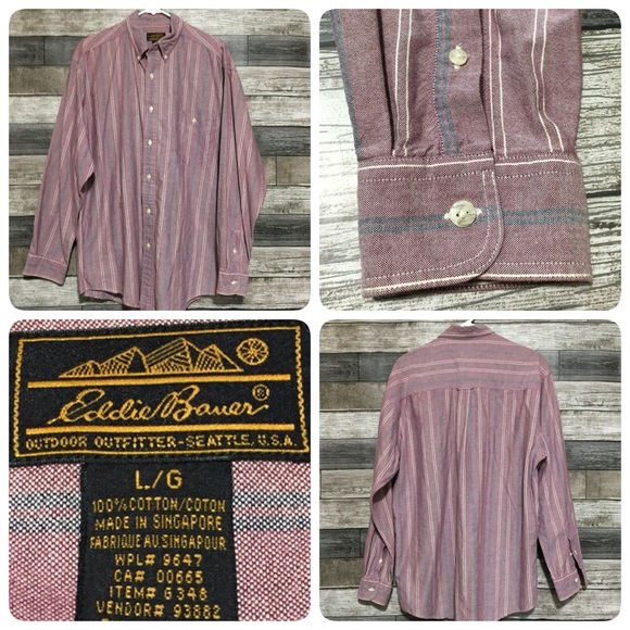 Vtg Eddie Bauer Striped Button Shirt Men’s L Red 100% Cotton Singapore - Picture 1 of 8
